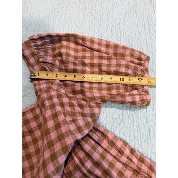 Madewell L Babydoll Gingham Dress Puff Sleeve Elastic Back Pink/Olive Green - Picture 7 of 8